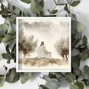 Jesus in Garden of Gethsemane, Digital Download, Bible Story, Square, Neutral Watercolor Painting, Christian Faith, Bible Wall Art