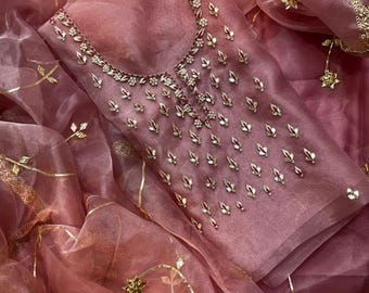 Indian Handmade Organza Salwar Kameez Designer Hand Embroidery Neck Work Salwar Suit Wedding Party Kurti Dupatta, Its Custom Size Listing