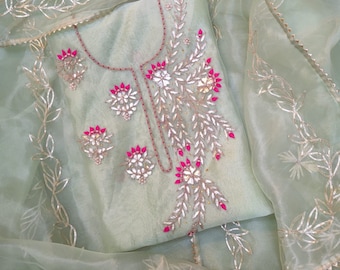 Designer Handmade Green Salwar Kameez Neck Work Organza Kurti Dupatta Set, Beautiful Work With Zardozi Pearls and Kasab Custom Size Listing,