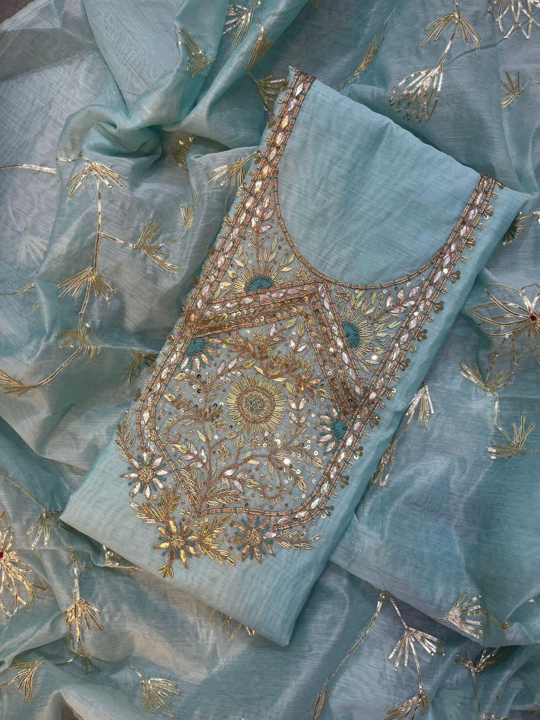 Firozi Embroidered Mirror Work Punjabi Suit