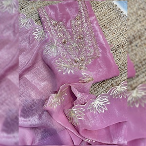 Pink Color Elegant Tissue Silk Salwar Kameez Sharara Set For Women Wedding Embroidered Kurti Punjabi Suit With Hand Gotta Patti Work Custom