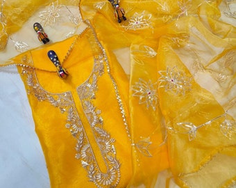 Indian Handmade Yellow Organza Salwar Kameez Suit For Wedding Party Wear Women Punjabi Organza Kurti Pant With Dupatta Dress Custom on order