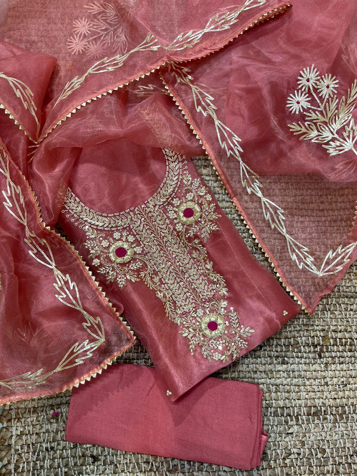 Handmade Organza Salwar Kameez Designer Hand Embroidery Neck Work Punjabi Salwar Suit Wedding Party Kurti Dupatta, Its Custom Size Listing