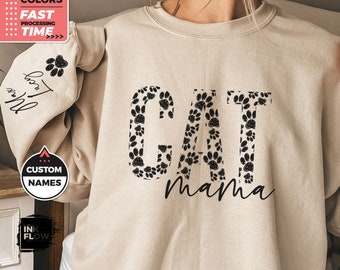 Benutzerdefiniertes Katzen Mama Sweatshirt mit Haustiername auf dem Ärmel, Katzen Mama Sweatshirt, Katzenliebhaber Geschenk, Katzen Mama Shirt, Benutzerdefiniertes Rundhals Ärmel Design