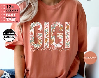 Custom Gigi Shirt, Floral Gigi Personalized Tshirt, Comfort Colors® Gigi Shirt, Birthday Gift For Grandma Top, Pregnancy Reveal Retro Tee
