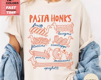 T-shirt Pasta Honks Comfort Colors – T-shirt humoristique avec une oie, T-shirt pour les amoureux des pâtes, Haut graphique pour les gourmands