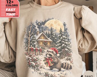 Felpa natalizia con procione – Maglione invernale vintage con procione, felpa con cappuccio per baita di montagna, top natalizio a tema bosco