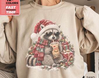 Felpa natalizia con procione – Maglione divertente per le feste, felpa con Babbo Natale e procione, maglietta festiva a tema bubble tea