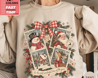 Felpa con francobolli natalizi vintage – Maglione con Babbo Natale, pupazzo di neve e renna, felpa retrò con francobolli natalizi