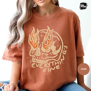 Everything Is Fine Flaming Skull T-shirt, Sarcastic Distressed Comfort Colors® Tee, Retro Halloween Skull Graphic Shirt, Grunge Style TShirt image 7