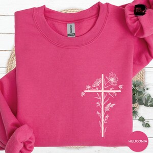 Floral Cross Christian Sweatshirt, Minimal Faith Sweater for Women, Cozy Jesus Pullover, Inspirational Bible Verse Gift, Religious Top image 15