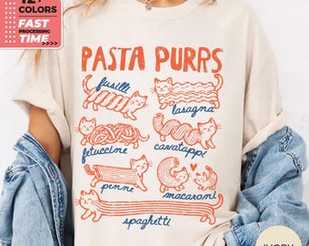 Pasta Purrs Comfort Colors Shirt – Maglietta divertente con gatto, maglietta per amanti della pasta italiana, top con grafica di gatto buongustaio