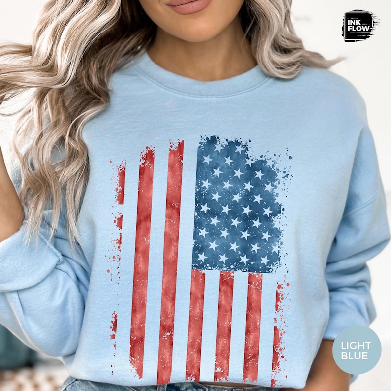 USA Watercolor Flag Sweatshirt, 4th of July Sweatshirt, Patriotic Gildan Sweater, America Hoodie, Red White Blue Top, Independence Day Gift image 2