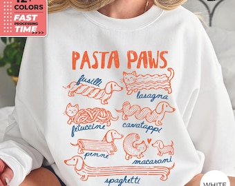 Sweat-shirt Pasta Paws – Pull amusant avec chat et teckel, Sweat à capuche pour les amoureux des pâtes, Haut pour animaux gourmands