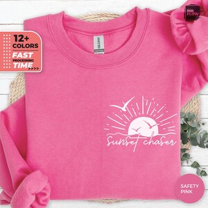 Sunset Chaser Sweatshirt, Tropical Summer Sweater, Back Design Beachwear Hoodie, Beach Lover Gift, Sunset Travel Top, Summer Gift for Mom