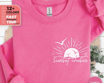 Sunset Chaser Sweatshirt, Tropical Summer Sweater, Back Design Beachwear Hoodie, Beach Lover Gift, Sunset Travel Top, Summer Gift for Mom