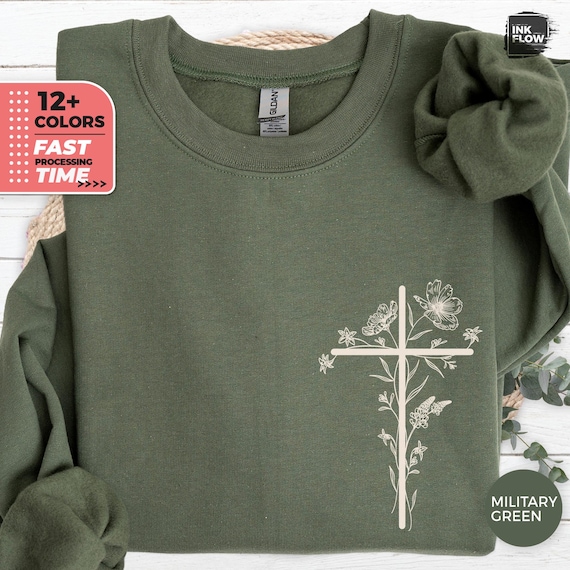 Floral Cross Christian Sweatshirt, Minimal Faith Sweater for Women, Cozy Jesus Pullover, Inspirational Bible Verse Gift, Religious Top
