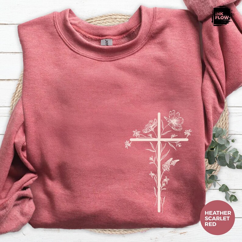 Floral Cross Christian Sweatshirt, Minimal Faith Sweater for Women, Cozy Jesus Pullover, Inspirational Bible Verse Gift, Religious Top image 3