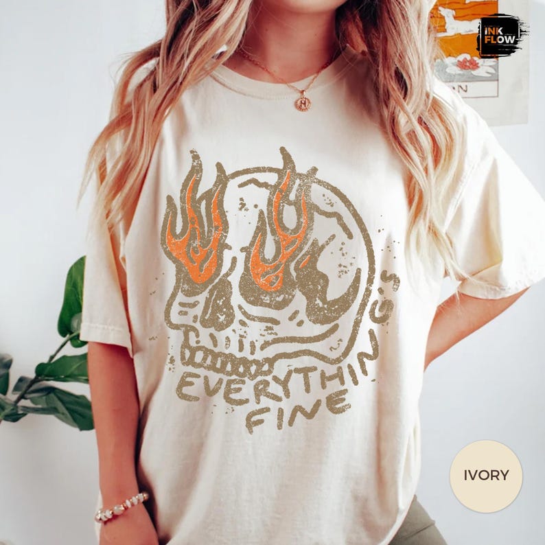 Everything Is Fine Flaming Skull T-shirt, Sarcastic Distressed Comfort Colors® Tee, Retro Halloween Skull Graphic Shirt, Grunge Style TShirt image 6