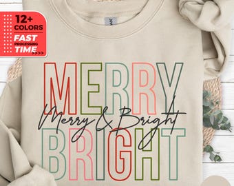 Felpa Merry & Bright – Maglione natalizio retrò, felpa colorata per le feste, top festivo natalizio