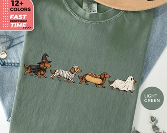 Maglietta da bassotto di Halloween Comfort Colors – Maglietta spettrale con cane bassotto, maglietta con simpatico costume da cane