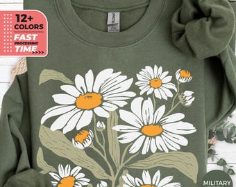 Boho Daisy Sweatshirt – Wildflower Floral Hoodie, Cottagecore Botanical Sweater