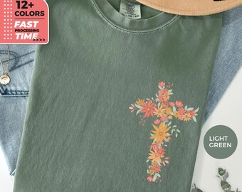 T-shirt met bloemenkruis, christelijk comfortkleuren – T-shirt met wilde bloemen Faith, shirt schattig lente Jezus, graphic religieus bloemenkruis
