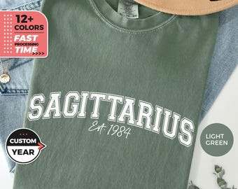 Custom Varsity Sagittarius T-Shirt, Personalized Gift, Zodiac Comfort Colors Shirt, Astrology Tee, Horoscope Gift for Her, Sagittarius Shirt