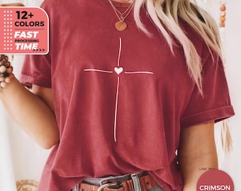 Minimal Cross Heart Comfort Colors T-Shirt – Christian T-Shirt, Faith Based Tee, Simple Jesus Cross Shirt