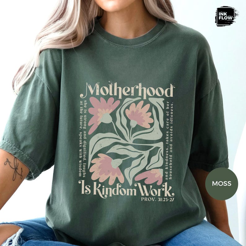Motherhood Is Kingdom Work Confort Colors T-Shirt, Proverbs 31 Floral Boho Tee image 7