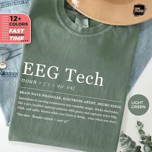 May include: Light green t-shirt with the text "EEG Tech" in white, along with a definition and humorous description of the profession. The shirt also features a "12+ COLORS" and "FAST PROCESSING TIME" graphic.
