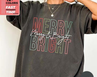 Maglietta Merry & Bright Comfort Colors – T-shirt natalizia retrò, maglietta colorata per le vacanze, top festivo natalizio