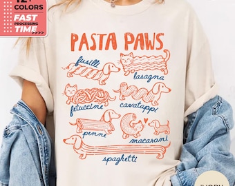 T-shirt Pasta Paws Comfort Colors – T-shirt humoristique chat et teckel, T-shirt pour les amoureux des pâtes, Haut graphique gourmand avec animaux