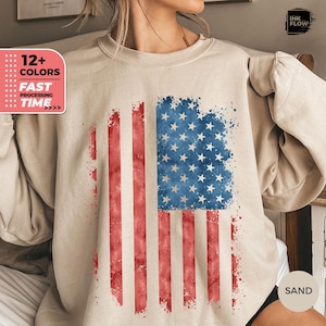 USA Watercolor Flag Sweatshirt, 4th of July Sweatshirt, Patriotic Gildan Sweater, America Hoodie, Red White Blue Top, Independence Day Gift image 1