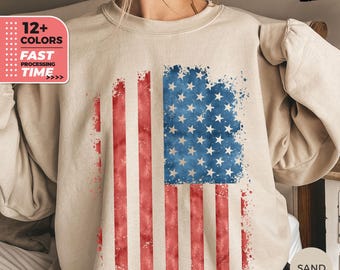 USA:s akvarellflagga-tröja, 4 juli-tröja, patriotisk Gildan-tröja, amerikansk luvtröja, röd vit blå topp, självständighetsdagen-present