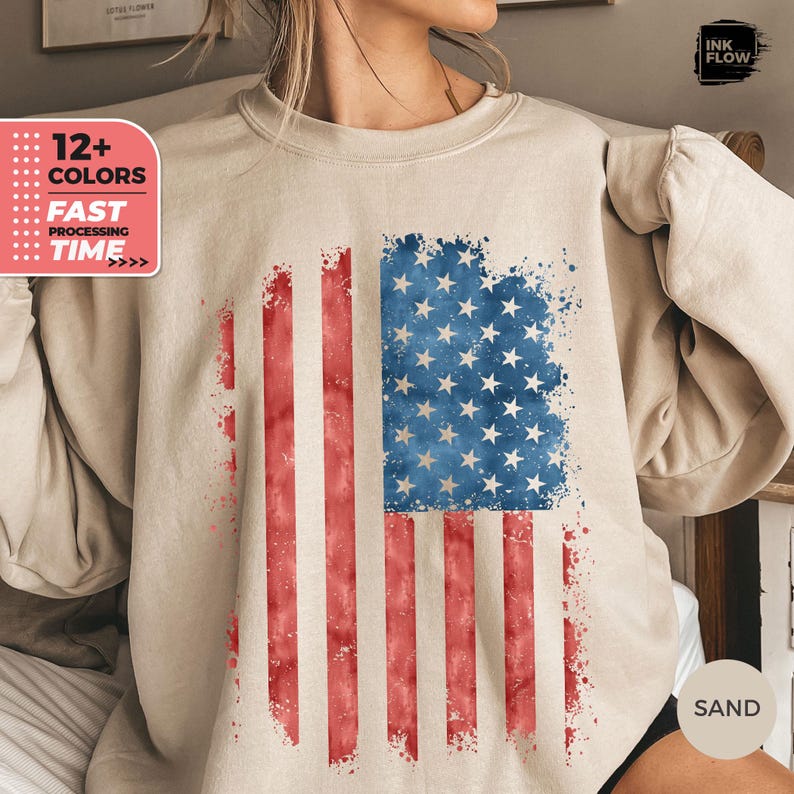 USA Watercolor Flag Sweatshirt, 4th of July Sweatshirt, Patriotic Gildan Sweater, America Hoodie, Red White Blue Top, Independence Day Gift image 1