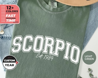 Custom Varsity Scorpio T-Shirt, Personalized Gift, Zodiac Comfort Colors Shirt, Astrology Tee, Horoscope Gift for Her, Scorpio Varsity Shirt