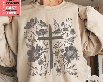 Floral Cross Sweatshirt – Vintage Christian Wildflower Faith Sweater