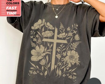Floral Cross Comfort Colors T-Shirt – Vintage Christian Wildflower Faith Graphic Tee