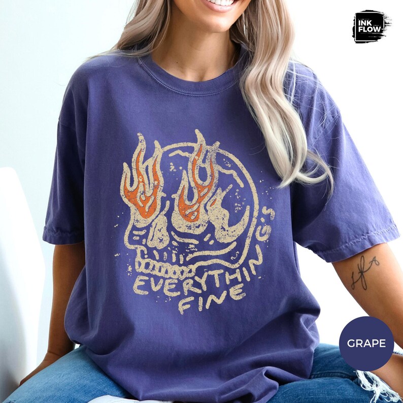 Everything Is Fine Flaming Skull T-shirt, Sarcastic Distressed Comfort Colors® Tee, Retro Halloween Skull Graphic Shirt, Grunge Style TShirt image 2