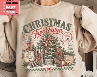 Felpa con procione e albero di Natale - Maglione natalizio vintage, felpa divertente a tema bosco per Natale