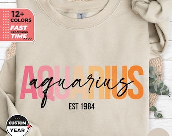 Sudadera personalizada de Acuario, sudadera de cumpleaños, sudadera de cuello redondo, camiseta de cumpleaños de febrero, camiseta de astrología Acuario, cumpleaños de Acuario