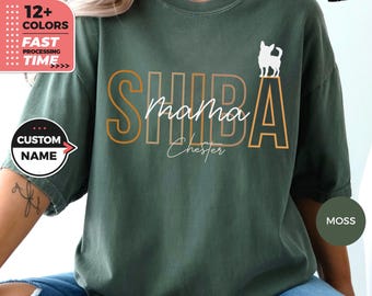 カスタムドッグママTシャツ、Shiba Comfort Colors®パーソナライズシャツ、カスタムネーム入り柴犬オーナーTシャツ、パーソナライズ柴犬Tシャツ