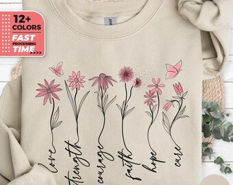 Sudadera floral contra el cáncer de mama para mujer, flores silvestres rosas, concienciación sobre el cáncer de mama, regalo ideal para supervivientes, linda sudadera con mariposas para ella