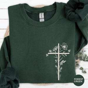 Floral Cross Christian Sweatshirt, Minimal Faith Sweater for Women, Cozy Jesus Pullover, Inspirational Bible Verse Gift, Religious Top image 12