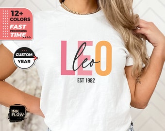 Camiseta Leo personalizada, camiseta de cumpleaños, camiseta de cuello redondo, camiseta de cumpleaños de julio y agosto, camiseta de astrología Leo, regalo de astrología Leo personalizado