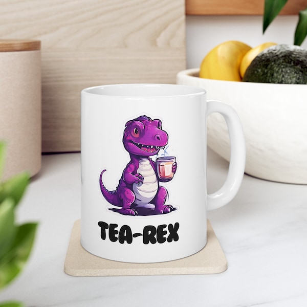 Tea Rex Dinosaur Mug - Cute T-Rex Ceramic Cup for Tea Lovers - Funny Gift Idea - Prehistoric Tea Time - Unique Novelty Dino Cup - funny mug