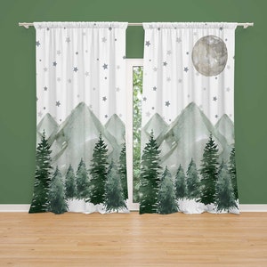 Mountain Nursery Curtains | Mountain moon & Stars Nursery Decor | Kids Bedroom Curtains | Mountain Forest Window Drapes | Black Out Curtains
