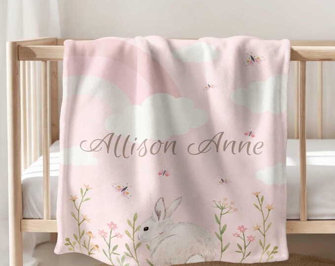 Personalized Pink Bunny Baby Blanket, Bunny Rabbit Nursery Decor, Newborn Baby Girl Blanket, Custom Baby Shower gift, Rainbow Garden Rabbit
