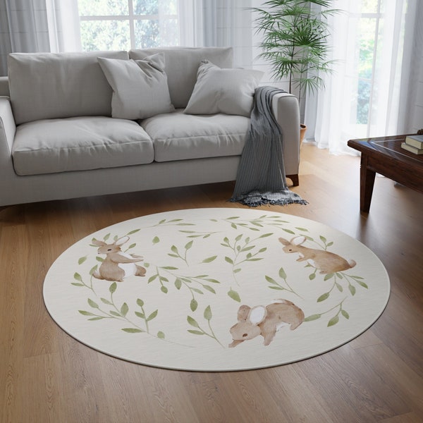 Bunny Rabbit nursery area rug | 5-foot Round Area rug | Forest nursery rug | Carpet for kids' bedroom | Bunny nursery rug | Round kids rug